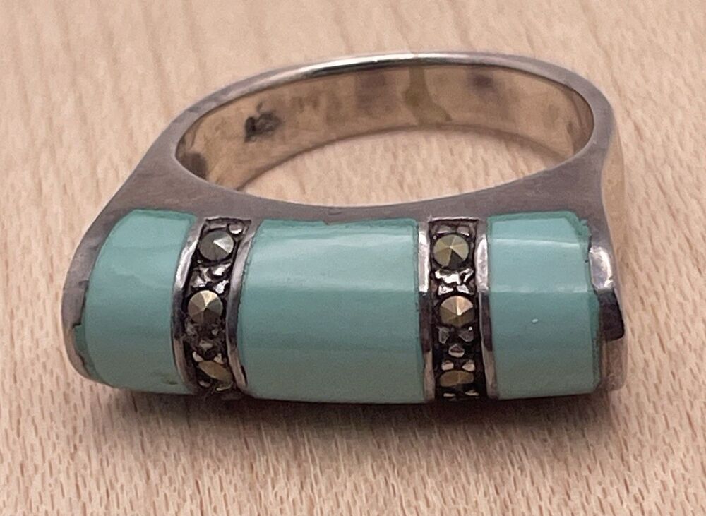 Turquoise Marcasite 925 Sterling Silver  Statement Ring Size 7 & 1/4
